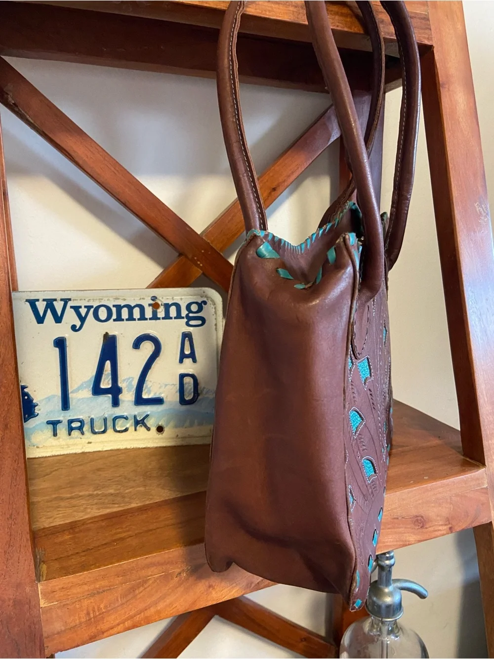 Leaders in Leather Paraguay Handbag Hand Tooled Cutout Satchel Brown Teal EUC